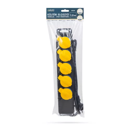 Kültéri elosztó fedéllel - 1,5 m - 5 x 230V - 3 x 1,5 mm2, gumi  - IP44