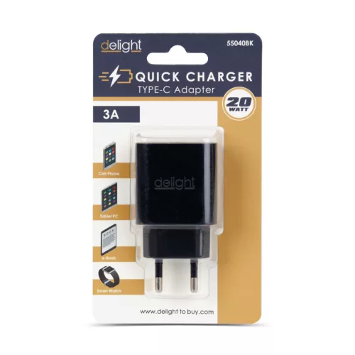 Adapter - Type-C - gyorstöltő, PD20W - fekete