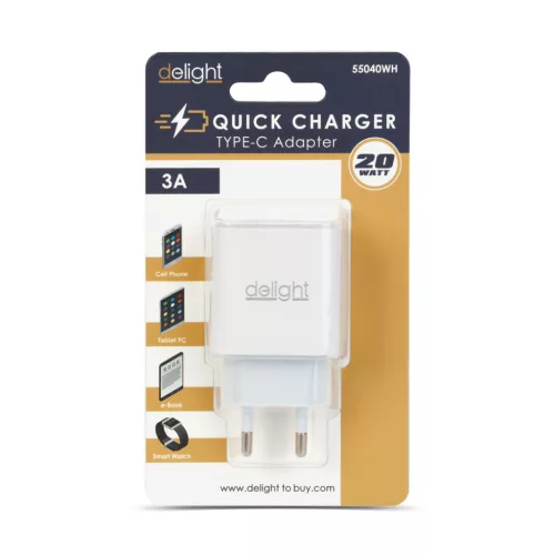 Adapter - Type-C - gyorstöltő, PD20W - fehér