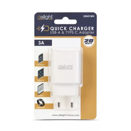 Hálózati Adapter USB + Type-C PD20W gyorstöltéssel - fehér