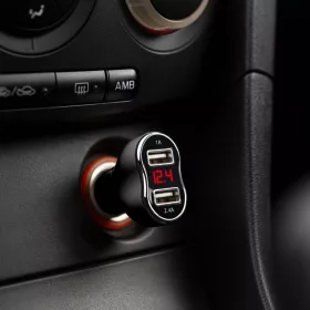   Autós szivargyújtó adapter - 2 x USB, feszültségmérővel és árammérővel - fekete