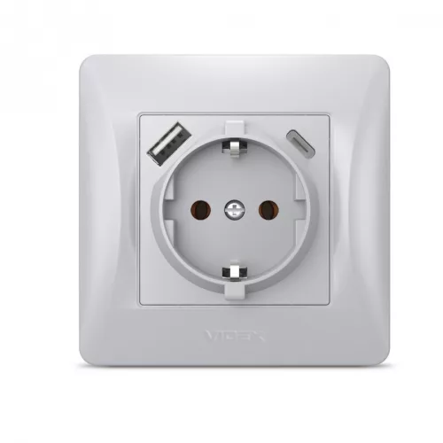 Videx Binera ezüst színű süllyesztett földelt csatlakozó aljzat + 1-1 db USB csatlakozóval USB-C csatlakozóval (20/120)