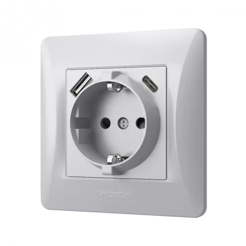 Videx Binera ezüst színű süllyesztett földelt csatlakozó aljzat + 1-1 db USB csatlakozóval USB-C csatlakozóval (20/120)