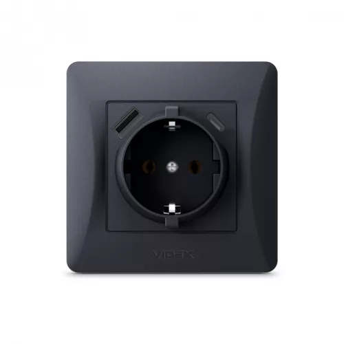 Videx Binera fekete színű süllyesztett földelt csatlakozó aljzat + 1-1 db USB csatlakozóval USB-C csatlakozóval (20/120)