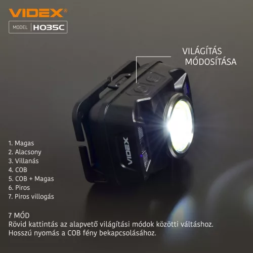 Videx LED Fejlámpa natúrfehér újratölthető akkumulátorral H035C