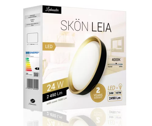 Skön Leia 24 W-os ø400 mm kerek natúr fehér fekete-arany színű mennyezeti lámpa IP20-as védettségű