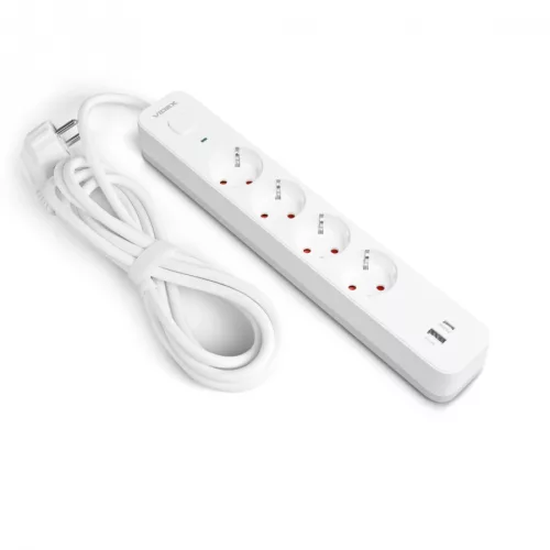 Videx Oncord fehér színű 4-es professzionális hosszabbító kapcsolóval 3m-es kábellel 1 x USB + 1 x USB-C
