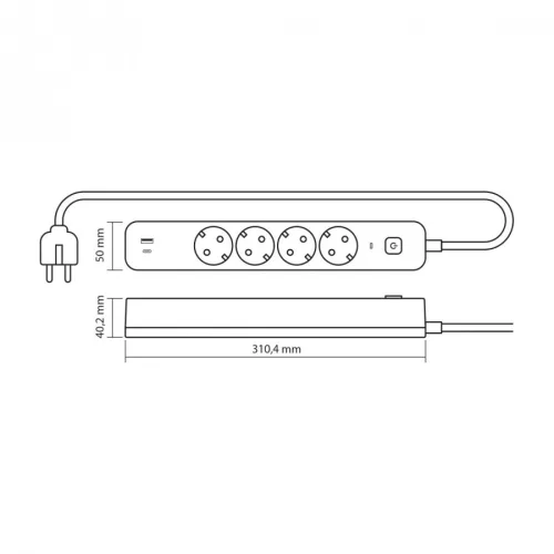 Videx Oncord fehér színű 4-es professzionális hosszabbító kapcsolóval 3m-es kábellel 1 x USB + 1 x USB-C