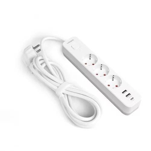 Videx Oncord fehér színű 3-as professzionális hosszabbító kapcsolóval 3m-es kábellel 2 x USB + 1 x USB-C