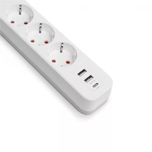 Videx Oncord fehér színű 3-as professzionális hosszabbító kapcsolóval 3m-es kábellel 2 x USB + 1 x USB-C