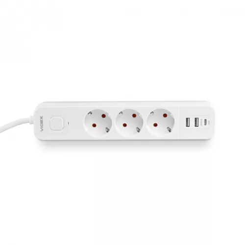 Videx Oncord fehér színű 3-as professzionális hosszabbító kapcsolóval 3m-es kábellel 2 x USB + 1 x USB-C