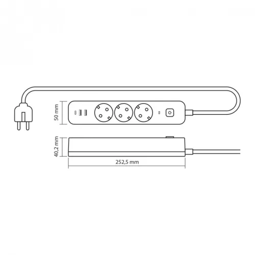 Videx Oncord fehér színű 3-as professzionális hosszabbító kapcsolóval 3m-es kábellel 2 x USB + 1 x USB-C