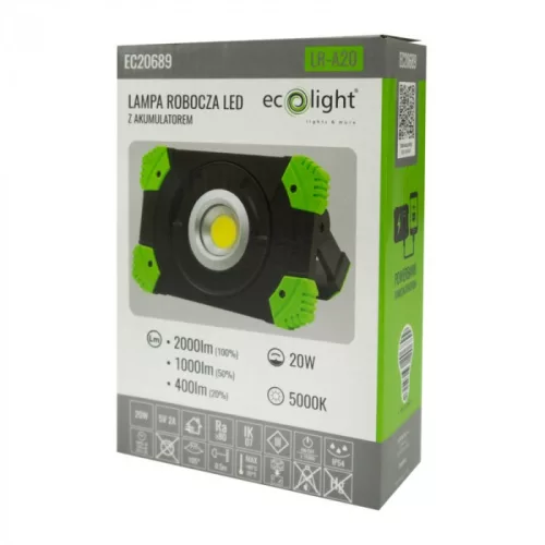 EcoLight LR-A20 20 W-os 5000K újratölthető akkumlátoros LED reflektor