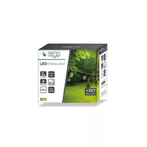 MasterLED Girlanda LED 10 m hosszúrságú 20x E27-es foglalatot tartalmazó sorolható fényfüzér