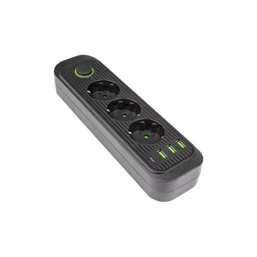 MasterLED Modi fekete színű 3-as hosszabító 2m-es kábellel 3 x USB 1 x USB-C
