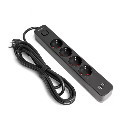 Videx Oncord fekete színű 4-es professzionális hosszabbító kapcsolóval 3m-es kábellel 1 x USB + 1 x USB-C