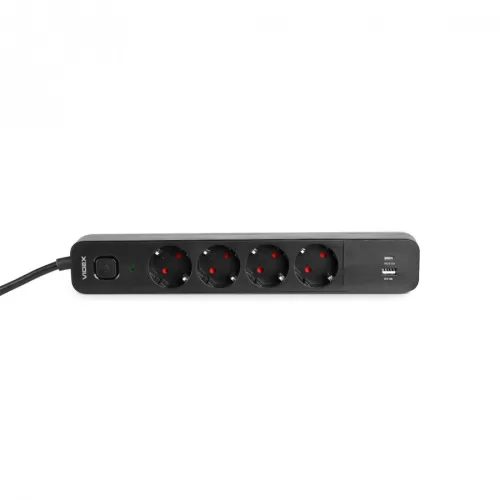 Videx Oncord fekete színű 4-es professzionális hosszabbító kapcsolóval 3m-es kábellel 1 x USB + 1 x USB-C