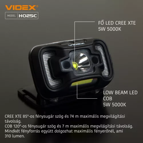 Videx LED Fejlámpa natúrfehér újratölthető akkumulátorral H025C