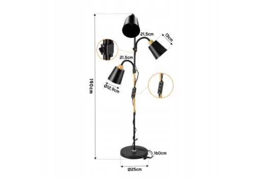 Berge London fa/fekete színű állólámpa állítható magassággal 190 cm 3xE27-es foglalattal