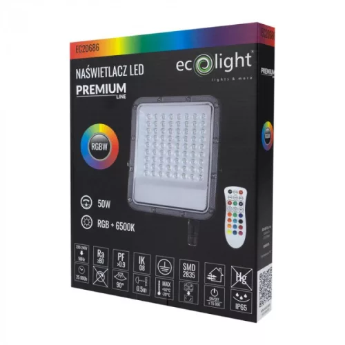 EcoLight 50 W-os RGB LED reflektor távirányítóval IP65 védettséggel