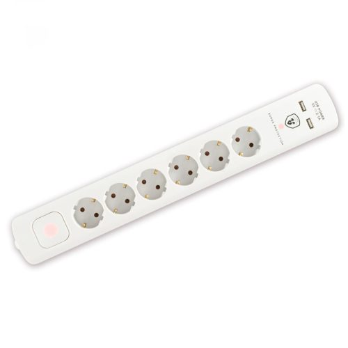 Home NVT 06K USB/WH túlfeszültség védett hálózati elosztó, 1,4 m, kapcsolós, H05VV-F 3G1,5 mm2 kábel, 6 aljzat, max. 3680W, falra akasztható, USB töltőaljzatok