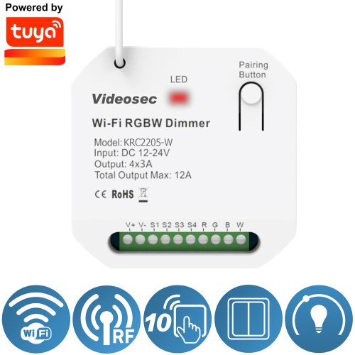 4 csatornás RF + WiFi RGB+W PWM dimmer, (TUYA kompatibilis)